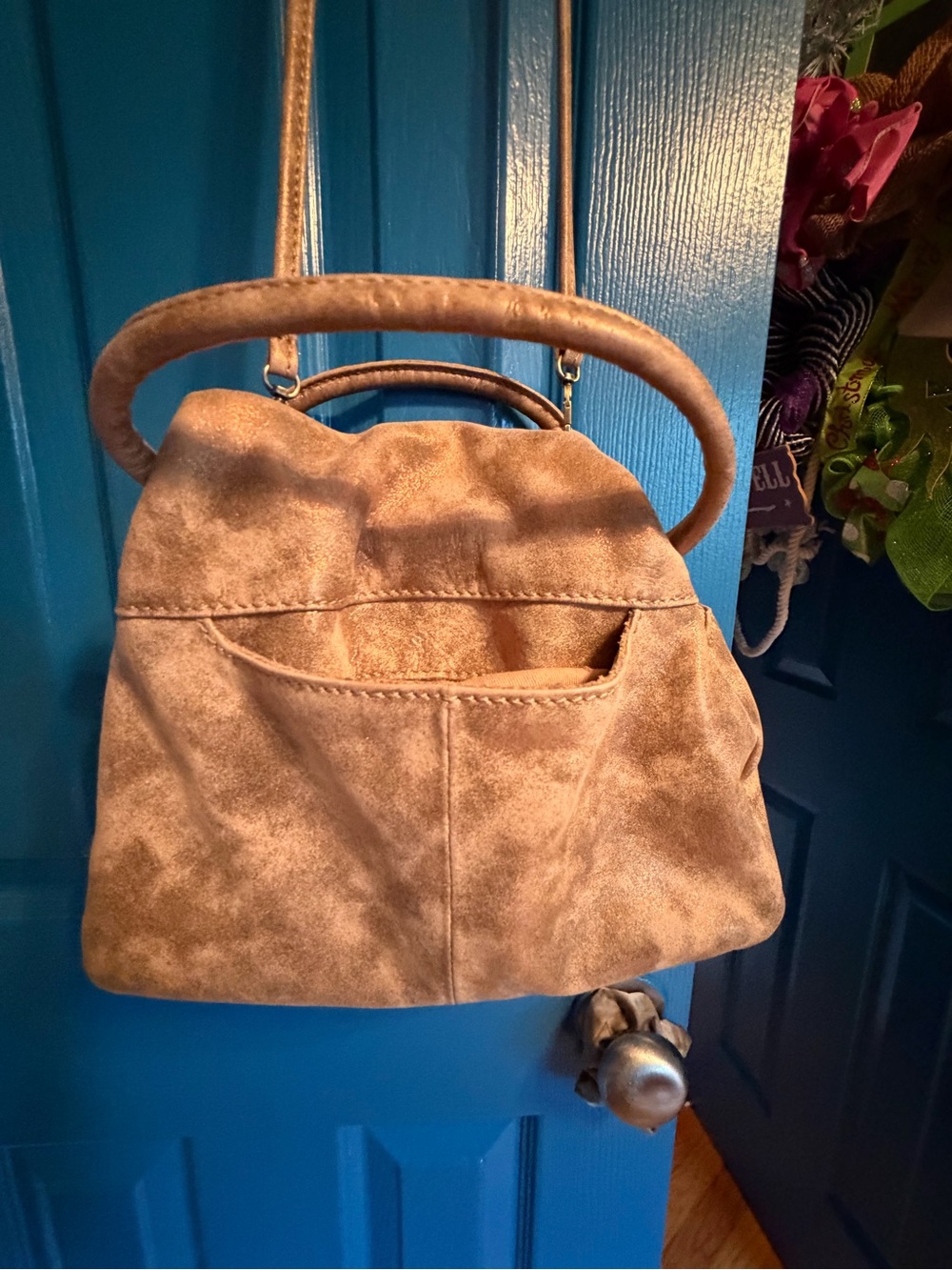 HOBO Sueded leather  Top-Handle Crossbody in a tan/gold